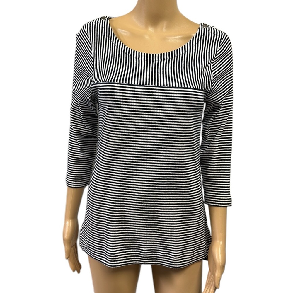 Tommy Hilfiger Ribbed Navy White Stripe 3 Quarter Sleeve Button Accent Top Small
